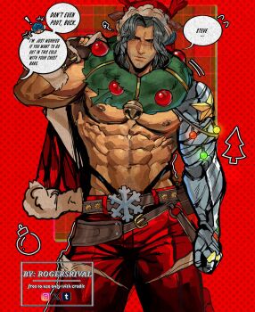 ! 2boys abs anger_vein animal_ears antlers artist_name belt black_panties brown_belt brown_gloves bucky_barnes captain_america captain_america_(series) carrying_clothes christmas_lights christmas_wreath chromatic_aberration coat commentary cowboy_shot deer_ears english_text facial_hair fake_animal_ears fake_antlers fingerless_gloves flying_sweatdrops fur-trimmed_coat fur-trimmed_gloves fur_trim gloves grey_eyes grey_hair hashtag-only_commentary hat highres horns instagram_logo long_hair looking_down male_focus marvel marvel_rivals multiple_boys muscular muscular_male nipple_piercing official_alternate_costume panties pants parted_bangs piercing prosthesis prosthetic_arm red_background red_coat red_pants reindeer_antlers rogersrival santa_hat speech_bubble steve_rogers stomach_hair stubble torn_clothes torn_pants tumblr_logo twitter_logo underwear unworn_coat winter_soldier wreath