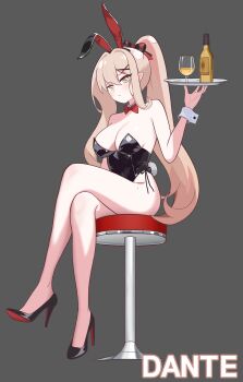 1girl :&lt; absurdres alcohol amelia_(trickcal) animal_ear_hairband animal_ears artist_name asymmetrical_sidelocks bare_legs black_leotard black_shoes blonde_hair bow bowtie breasts cleavage commentary_request crossed_legs detached_collar fake_animal_ears fake_tail full_body green_eyes grey_background hair_bow hair_ornament hairband hand_up high_heels highres holding holding_plate kim_dante korean_commentary leotard long_hair looking_at_viewer medium_breasts mole mole_on_thigh on_stool plate playboy_bunny pointy_ears ponytail rabbit_ear_hairband rabbit_ears rabbit_tail red_bow red_bowtie shoes sidelocks sitting solo strapless strapless_leotard tail traditional_bowtie trickcal white_wrist_cuffs wrist_cuffs x_hair_ornament