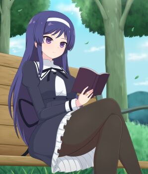 1girl arm_at_side assault_lily bench black_ribbon black_skirt blue_sky book breasts brown_pantyhose bush closed_mouth cloud commentary_request cropped_jacket crossed_legs day falling_leaves feet_out_of_frame frilled_skirt frills hairband hand_up haniwa_(kiminozorazio) high-waist_skirt highres holding holding_book itou_shizu_(assault_lily) jewelry juliet_sleeves leaf light_blush long_hair long_sleeves looking_at_object medium_breasts miniskirt neck_ribbon on_bench open_book outdoors pantyhose park_bench puffy_sleeves purple_eyes purple_hair reading ribbon ring shirt sidelocks sitting skirt sky smile solo tree very_long_hair white_hairband white_shirt