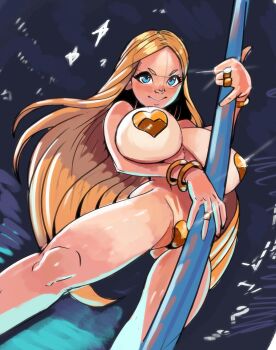 1girl absurdres ass blonde_hair blue_eyes bluesky breasts ceraralaz heart_maebari heart_pasties highres huge_breasts jewelry long_hair maebari newgrounds nude pasties pole_dancing sketch thick_thighs thighs unfinished