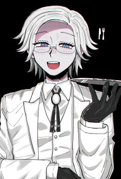 Rule 34 | 1boy, :d, absurdres, aotsuki eito, black background, black gloves, blue eyes, butler, commentary request, gem, glasses, gloves, grey hair, half-closed eyes, hand up, highres, holding, holding plate, jacket, looking at viewer, male focus, muro (nrvc5252), official alternate costume, open mouth, plate, shirt, short hair, simple background, smile, solo, teeth, the hundred line -last defense academy-, towel, towel on arm, upper body, upper teeth only, variant set, vest, white gem, white jacket, white shirt, white vest