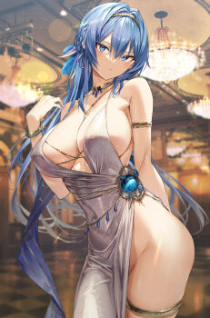 1girl absurdres arm_behind_back armlet bare_shoulders blue_eyes blue_hair blurry blurry_background bracelet breasts chandelier commentary_request cowboy_shot dress earrings evening_gown feather_hair_ornament feathers glint goddess_of_victory:_nikke gold gold_bracelet groin hair_intakes hair_ornament hand_up helm_(chandelier)_(nikke) helm_(nikke) highres hiiragi_yuuichi hoop_earrings indoors jewelry large_breasts lens_flare light_particles long_hair looking_at_viewer neck_ring official_alternate_costume parted_lips plunging_neckline side_slit silver_dress solo spaghetti_strap sparkle strap_gap thighlet tiara very_long_hair white_dress