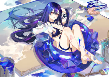 1girl absurdres barefoot bikini black_bikini black_hair blue_hair blue_theme breasts commentary_request gradient_hair highres jacket large_breasts long_hair long_sleeves looking_at_viewer multicolored_hair open_clothes open_jacket open_mouth original oriori_0201 paint paintbrush painting_(object) purple_hair see-through_clothes see-through_jacket sunglasses swim_ring swimsuit thigh_strap toes yellow_eyes