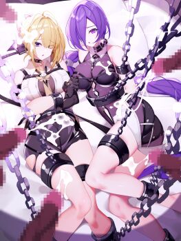 2girls 5boys bare_shoulders bdsm black_choker black_gloves blonde_hair bodystocking bondage bound breasts censored chain chained chest_harness choker commentary_request crescent crescent_earrings cum cum_on_body cum_on_breasts cum_on_clothes cum_on_legs cum_on_upper_body dark-skinned_male dark_skin earrings erection evelyn_chevalier female_focus gloves hair_over_one_eye harness highres jewelry large_breasts lying mole mole_on_stomach mosaic_censoring multiple_boys multiple_girls nami_qi on_back on_bed open_mouth penis promeia_(zenless_zone_zero) purple_eyes purple_hair restrained shirt surrounded_by_penises white_shirt zenless_zone_zero