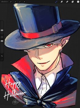 1boy absurdres art_program_in_frame black_bow black_hat bow commentary_request cropped_shoulders english_text fang grey_background grey_hair grid_background halloween halloween_costume happy_halloween hat highres looking_at_viewer male_focus narukami_yu persona persona_4 procreate_(medium) procreate_(software) short_hair signature simple_background smile solo tnkmrcap top_hat vampire_costume