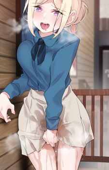 1girl a_pervert&#039;s_daily_life alicecrazy blonde_hair blue_bow blue_eyes blue_shirt blush bow breasts brown_skirt character_request collared_shirt dot_nose female_focus hair_bun heart heart-shaped_pupils heart_(symbol) large_breasts legs long_hair long_sleeves lowres miniskirt official_art open_mouth pee peeing peeing_on_clothes peeing_self pussy_juice_on_legs saliva saliva_trail sexually_suggestive seyoung_shin shirt single_hair_bun skirt smile solo solo_focus symbol-shaped_pupils teeth thighs upper_teeth_only wet wet_clothes wet_skirt