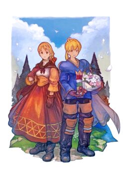 1boy 1girl absurdres ahoge alma_beoulve artist_request blonde_hair boots bouquet brother_and_sister brown_boots brown_cape brown_gloves cape cloud commentary_request final_fantasy final_fantasy_tactics flower gloves grey_cape hand_on_own_chest highres holding holding_bouquet long_hair looking_at_viewer official_art orange_eyes ponytail ramza_beoulve siblings smile white_petals