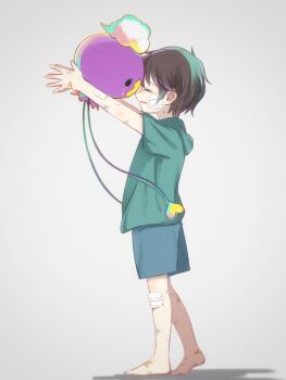 1boy bandaid bandaid_on_foot bandaid_on_leg barefoot black_hair bruise child commentary_request drifloon from_side full_body gauze gauze_on_cheek gen_4_pokemon highres hood hood_down injury male_focus nintendo pokemon pokemon_(creature) short_hair simple_background tears yrz_oou