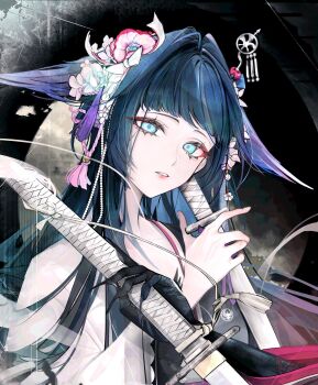 1girl arknights black_background black_hair black_kimono blue_eyes dual_wielding flower hair_flower hair_ornament hashtag-only_commentary highres holding holding_sword holding_weapon japanese_clothes kimono kindnessxn long_hair looking_at_viewer mio_(arknights) parted_lips pink_flower solo sword tassel upper_body weapon white_flower white_kimono