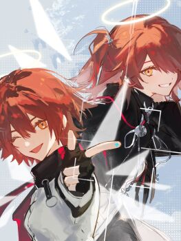 2girls angel_wings arknights black_jacket breasts detached_wings energy_wings exusiai_(arknights) exusiai_the_new_covenant_(arknights) fingerless_gloves gloves gun guozhihanliangweida_10 hair_over_one_eye halo highres jacket kriss_vector long_shirt long_sleeves looking_at_viewer medium_breasts multiple_girls one_eye_closed open_mouth orange_eyes red_hair shirt short_hair side_ponytail smile submachine_gun swept_bangs thighhighs weapon white_halo white_shirt white_thighhighs wings