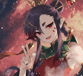 1boy androgynous armlet armor armpits asymmetrical_bangs awayuki_ramika braid braided_ponytail colored_tips commentary_request crown detached_sleeves ear_covers ear_ornament enma_(musou_abyss) facial_mark fang fiery_background fire gold_armlet gold_trim green_armor grin hair_between_eyes hair_bun hair_ornament hair_stick hairclip hand_up head_tilt hikimayu jewelry kanzashi long_sidelocks looking_at_viewer mark_under_eye multicolored_hair musou_abyss open_mouth pointy_ears purple_hair red_eyes red_nails red_shirt shirt sidelocks single_detached_sleeve single_hair_bun sleeveless smile smoke solo three-finger_salute upper_body