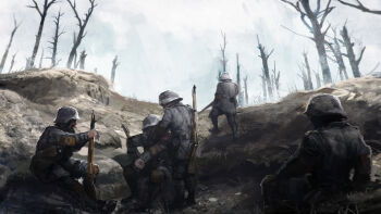 5boys battlefield bolt-action_rifle bolt_action combat_helmet foxhole german_army gun helmet highres hill holding holding_gun holding_weapon imperial_german_army johan_aronson mauser_98 military_uniform multiple_boys original rifle shadow soldier stahlhelm weapon world_war_i