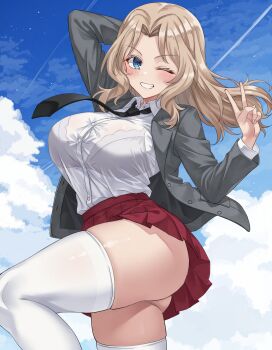 1girl aadka5 arm_behind_head arm_up ass black_necktie blonde_hair blue_eyes blue_sky bra_visible_through_clothes cloud commentary_request day girls_und_panzer grey_jacket grin highres jacket kay_(girls_und_panzer) looking_at_viewer necktie one_eye_closed outdoors pleated_skirt red_skirt saunders_school_uniform school_uniform shirt shirt_tucked_in skirt sky smile solo thighhighs thighs v white_shirt white_thighhighs