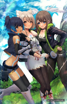 3girls animal_ears bare_shoulders blue_hair blue_sky boots breasts brown_hair cat_ears crop_top dark-skinned_female dark_skin elbow_gloves eunie_(xenoblade) fingerless_gloves gloves grass highres kamaniki long_hair long_sleeves medium_hair mio_(xenoblade) multiple_girls pants sena_(xenoblade) short_hair shorts side_ponytail skirt sky sleeveless white_hair wings xenoblade_chronicles_(series) xenoblade_chronicles_3 yellow_eyes