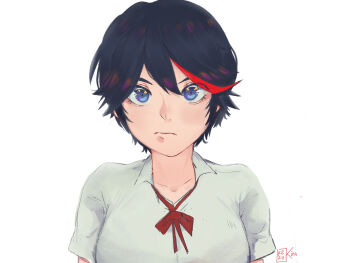 1girl alternate_hair_length alternate_hairstyle black_hair blue_eyes closed_mouth commentary english_commentary eyelashes highres kill_la_kill matoi_ryuuko multicolored_hair neck_ribbon red_hair red_ribbon rezukita ribbon shirt short_hair short_sleeves signature simple_background solo streaked_hair two-tone_hair very_short_hair white_background white_shirt