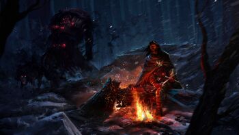 2boys absurdres aetas_memoria animal armor bald beard belt black_hair boots buckle campfire chaos_(warhammer) cloak dagger dark_persona darkness emperor_of_mankind eyes_of_horus_(warhammer_40k) facial_hair fallen_tree fire forest full_body glowing glowing_eyes highres holding holding_dagger holding_knife holding_sheath holding_weapon horus_lupercal imperial_aquila knife laurel_crown male_focus multiple_boys nature night outdoors pauldrons pelt power_armor primarch red_eyes rock shaded_face shadow sheath shoulder_armor sitting_on_log snow snowing sparkle two-headed_eagle warhammer_40k weapon wolf