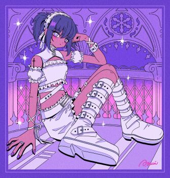 Rule 34 | 1girl, belt, boots, border, bright pupils, clenched hand, closed mouth, commentary, cross, cross tattoo, dark, dark-skinned female, dark skin, detached sleeves, frilled headwear, frilled shirt collar, frilled shorts, frilled sleeves, frills, full body, hair between eyes, hand on own head, hand rest, highres, jewelry, knee boots, knees together feet apart, looking at viewer, nakazawa ayami, original, purple border, purple eyes, purple hair, purple nails, ribbon, ring, shirt, short twintails, shorts, sitting, solo, symbol-only commentary, tattoo, twintails, white belt, white boots, white headdress, white pupils, white ribbon, white shirt, white shorts