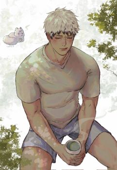 Rule 34 | 1boy, animal, animalization, artist name, belly, black hair, boxers, closed eyes, closed mouth, colored tips, commentary, covered pectorals, cup, english commentary, freaka loonyz, haikyuu!!, highres, holding, holding cup, invisible chair, kita shinsuke, light blush, male focus, male underwear, multicolored hair, pectorals, shirt, short hair, sitting, sleepy, solo, underwear, white hair, white shirt