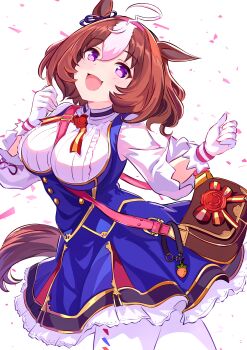 1girl :d absurdres ahoge animal_ears bag blue_dress blue_ribbon bow breasts brown_hair collared_shirt commentary cowboy_shot dress ear_ribbon frilled_dress frills hair_between_eyes hands_up highres horse_ears horse_girl horse_tail kanon_(user_rrhr4244) large_breasts long_sleeves meisho_doto_(turbulent_blue)_(umamusume) meisho_doto_(umamusume) multicolored_hair open_mouth pantyhose pinafore_dress purple_eyes ribbon shirt short_hair sleeveless sleeveless_dress smile solo tail two-tone_hair umamusume white_hair white_pantyhose white_shirt