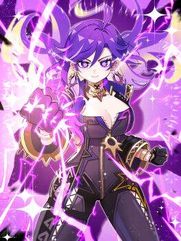 Rule 34 | 1girl, absurdres, ahoge, alternate eye color, alternate hair color, biker clothes, bikesuit, black bodysuit, black gloves, bodysuit, breasts, cleavage, closed mouth, commentary request, earrings, genshin impact, gloves, hair between eyes, highres, jewelry, large breasts, long hair, long sleeves, looking at viewer, mavuika (genshin impact), oishii sasa, palette swap, purple eyes, purple hair, smile, solo, symbol in eye, very long hair