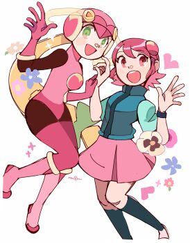 2girls :d black_bodysuit black_pantyhose black_sleeves black_socks blonde_hair blue_vest blush bodysuit boots breasts flower gloves green_eyes hand_on_another&#039;s_wrist hand_up heart helmet highres knee_up kneehighs leg_up leotard long_hair looking_at_viewer mayl_sakurai_(mega_man) mega_man_(series) mega_man_battle_network_(series) multiple_girls netnavi open_mouth pantyhose pink_bodysuit pink_boots pink_eyes pink_gloves pink_hair pink_helmet pink_leotard pink_skirt red_hair roll.exe_(mega_man) short_hair short_sleeves skirt smile socks sparkle symmetrical_hand_pose symmetrical_pose thighband_pantyhose vest waves yukikokoro