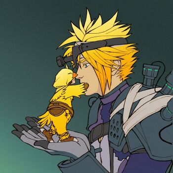 1boy 1girl aerith_gainsborough aerith_gainsborough_(chocobo_suit) armor bandaged_head bandages bird_costume blonde_hair blue_eyes bodysuit brown_gloves brown_hair chocobo closed_mouth cloud_strife cloud_strife_(bandaged_coat) cosplay final_fantasy final_fantasy_vii final_fantasy_vii_ever_crisis frankenstein&#039;s_monster frankenstein&#039;s_monster_(cosplay) gloves grey_background grey_gloves hair_between_eyes hand_on_another&#039;s_cheek hand_on_another&#039;s_face herzenreine in_palm leather_armor object_through_head official_alternate_costume parted_bangs screw_in_head short_hair shoulder_armor size_difference smile spiked_hair talons upper_body vambraces