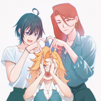 3girls ahoge black_hair blonde_hair blue_eyes blue_shirt bracelet closed_mouth collared_shirt commentary english_commentary glasses green_eyes hair_between_eyes heart heart_hands heart_to_penis_(meme) highres jewelry long_hair looking_at_viewer meme multiple_girls open_mouth original phallic_symbol red_hair shirt short_hair short_sleeves simple_background smile studionice2011 white_background white_shirt
