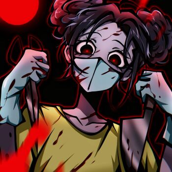 1girl absurdres afro_puffs alternate_skin_color amanda_(amanda_the_adventurer) amanda_the_adventurer backlighting black_background black_eyes black_hair blood blood_on_clothes blood_on_face blue_gloves blue_mask blurry blurry_foreground bright_pupils chromatic_aberration collarbone colored_skin covered_mouth double_bun elbow_gloves from_below gloves grey_skin hair_bun hands_up highres holding holding_knife holding_scissors knife looking_down mask mouth_mask nimingyonghu086 outline red_outline red_pupils reverse_grip scissors shirt short_hair short_sleeves simple_background solo straight-on surgical_mask t-shirt upper_body yellow_shirt