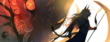 artist_name blurry bow commentary commentary_request creature depth_of_field dragon evil_smile fangs feathers furry highres immorthis long_hair monster muscular original smile teeth watermark yellow_eyes