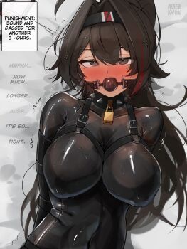1girl alterkyon bay_(nikke) bdsm black_hair blush bodysuit bondage bound breasts dark-skinned_female dark_skin dildo_gag gag gagged goddess_of_victory:_nikke highres latex latex_bodysuit lock long_hair looking_at_viewer padlock padlocked_collar tears