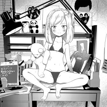 barefoot bikini blush desk feet flat_chest loli looking_at_viewer mayafufu monochrome original posing_for_viewer smile spread_legs stuffed_animal stuffed_toy swimsuit tagme teddy_bear text_focus thighs