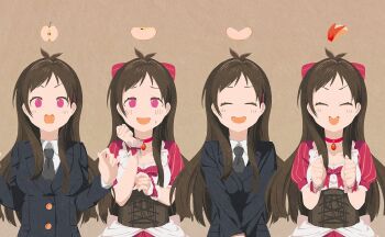 Rule 34 | 1girl, antenna hair, apple, apple rabbit, black neckwear, blazer, brown hair, choker, collared shirt, commentary request, dress, closed eyes, food, food art, fruit, hair ribbon, idolmaster, idolmaster cinderella girls, jacket, long hair, long sleeves, looking at viewer, necktie, open mouth, pink eyes, ribbon, shirt, takamasa (haseasuma), texture, tsujino akari, white shirt