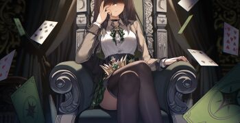 1girl ace_(playing_card) ace_of_diamonds black_choker black_hair black_nails black_thighhighs buttons card choker collared_shirt commentary_request crescent cropped_jacket crossed_legs crown diamond_(shape) four_of_clubs green_ribbon green_skirt grey_jacket hand_on_own_face highres indoors jacket long_hair looking_at_viewer mochizuki_himiya neck_ribbon nine_of_hearts no_eyes official_art plaid_clothes plaid_skirt playing_card poker_fate ribbon seven_of_spades shaded_face shirt sitting sitting_on_throne skirt solo spade_(shape) spade_brooch spotlight suumon thighhighs three_of_hearts throne unworn_crown unworn_headwear white_shirt