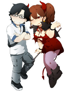 Rule 34 | 1boy, 1girl, black hair, demon girl, demon tail, glasses, hen zemi, highres, horns, ichikawa hishiyasu, katou anna, pantyhose, red hair, reticulum, tail