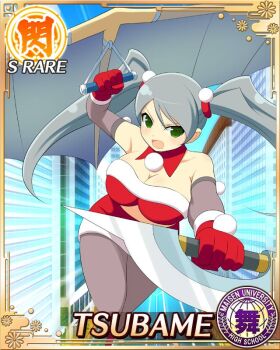 1girl :o aircraft bikini breasts city cleavage detached_collar flying fur-trimmed_gloves fur_trim game_cg glider gloves green_eyes grey_hair grey_pantyhose hang_gliding large_breasts long_hair looking_at_viewer official_art pantyhose red_gloves santa_bikini santa_costume senran_kagura senran_kagura_new_wave solo swept_bangs swimsuit sword third-party_source tsubame_(senran_kagura) twintails very_long_hair weapon