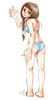 1girl archived_source barefoot bikini blue_bikini braid breasts brown_hair closed_mouth commentary_request full_body hair_ribbon head_tilt jung_han-na kneepits korean_commentary large_hands legs_apart long_hair looking_at_viewer low-braided_long_hair low-tied_long_hair original ribbon signature simple_background single_braid skindentation small_breasts smile solo standing swimsuit toes waving white_background