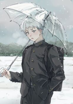 Rule 34 | 1boy, buttons, commentary request, gakuran, hand in pocket, highres, hikaru ga shinda natsu, indou hikaru (human), looking at viewer, male focus, open mouth, school uniform, short hair, snow, snowing, solo, standing, transparent, transparent umbrella, umbrella, umbrella over shoulder, uni8o8, white hair