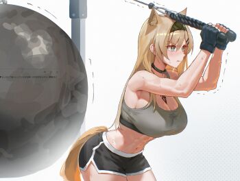Rule 34 | 1girl, abs, absurdres, animal ear fluff, animal ears, arknights, bare shoulders, black collar, black gloves, black hairband, black shorts, blonde hair, blush, breasts, bright pupils, cleavage, collar, commentary request, crop top, dolphin shorts, exercising, extra ears, film grain, fingerless gloves, gloves, green eyes, grey sports bra, hair between eyes, hair ornament, hairband, hairclip, highres, horn (arknights), large breasts, long hair, midriff, navel, revision, short shorts, shorts, simple background, sleeveless, solo, sports bra, stomach, sweat, tail, taut clothes, trembling, uof, white background, white pupils, yellow tail
