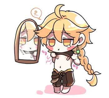 1boy aether_(genshin_impact) bandaid blonde_hair braid braided_ponytail chibi clothes_lift commentary covered_erect_nipples earrings genshin_impact highres jewelry kkaiju korean_commentary long_hair looking_at_viewer male_focus midriff mirror ponytail shirt_lift solo trap white_background yellow_eyes