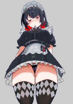 1girl absurdres black_hair blush breasts closed_mouth ellen_joe from_below highres large_breasts looking_at_viewer mole mole_under_eye multicolored_hair panties partially_visible_vulva perushisu pussy red_eyes simple_background solo thighhighs thighs two-tone_hair underwear zenless_zone_zero