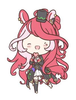 Rule 34 | 1girl, animal ears, black boots, black coat, blush, blush stickers, boots, chibi, coat, facial mark, gloves, hair between eyes, hair ornament, hat, heart, heart facial mark, highres, horse ears, horse girl, horse tail, long hair, looking at viewer, loves only you (9927 wishes) (umamusume), loves only you (umamusume), one eye closed, open mouth, red hair, shirt, simple background, skirt, smile, solo, standing, standing on one leg, tail, thigh boots, thighhighs, ukichan22905846, umamusume, white shirt, white skirt, white thighhighs