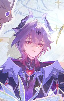 Rule 34 | 1boy, book, cat, dragon, dragon boy, dragon horns, gem, genshin impact, hashtag-only commentary, highres, horns, looking to the side, mini durin (genshin impact), mini durin (human) (genshin impact), muimi575, pages, scaramouche (cat) (genshin impact), scaramouche (genshin impact), smile, solo, solo focus, sparkle, teeth, turning page