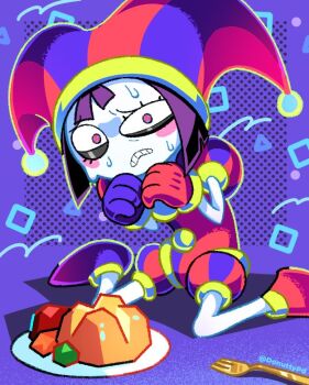 asymmetrical_gloves donuttypd eye_twitch food gloves hat hat_bell jester jester_cap mismatched_gloves multicolored_eyes multicolored_headwear pomni_(the_amazing_digital_circus) squiggle_eyes striped_clothes striped_headwear the_amazing_digital_circus two-tone_eyes two-tone_sash vertical-striped_bodysuit vertical-striped_clothes vertical-striped_headwear
