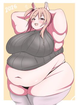 1girl 2026 arms_up belly big_belly black_panties blush breasts bright_pupils brown_hair cropped_sweater fat fat_woman grey_sweater grey_thighhighs hair_ornament large_breasts long_hair midriff navel obese one_side_up open_mouth original panties pink_eyes rabbit_pose ribbed_sweater smile solo sphere_hair_ornament standing sweater thick_arms thick_thighs thighhighs thighs underwear usagirin white_pupils yellow_background