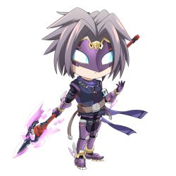Rule 34 | 1boy, armor, belt, black bodysuit, blue sclera, bodysuit, bodysuit under clothes, brown belt, character request, chibi, closed mouth, colored sclera, commentary request, energy spear, expressionless, full body, gauntlets, grey hair, holding, holding polearm, holding weapon, hop step jumpers, lets0020, looking at viewer, male focus, masked, parted bangs, polearm, purple armor, purple scarf, purple shirt, scarf, shirt, short hair, simple background, solo, spear, standing, transparent background, weapon, white eyes