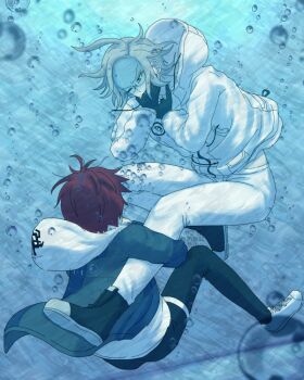 2boys ahoge air_bubble aotsuki_eito asphyxiation black_gloves black_pants black_shoes black_streaks blue_jacket bubble commentary_request covering_own_mouth drowning glasses gloves grey_hair grey_jacket holding_another&#039;s_leg hood hoodie jacket jacket_over_hoodie looking_at_another male_focus matsu_shimatsuki multicolored_jacket multiple_boys one_eye_closed pants red_hair shoes short_hair sumino_takumi the_hundred_line_-last_defense_academy- two-tone_jacket underwater watermark white_hoodie white_jacket white_pants white_shoes