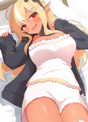 Rule 34 | 1girl, absurdres, ahoge, black jacket, blonde hair, blush, bow, braid, breasts, dark-skinned female, dark skin, frilled shirt, frills, grey hair, hair bow, hair ornament, hairclip, highres, hololive, jacket, large breasts, long hair, looking at viewer, lying, multicolored hair, on back, open mouth, pointy ears, red eyes, sen (sen42724788), shiranui flare, shirt, shorts, sleeves past wrists, smile, solo, streaked hair, virtual youtuber, white shirt, white shorts