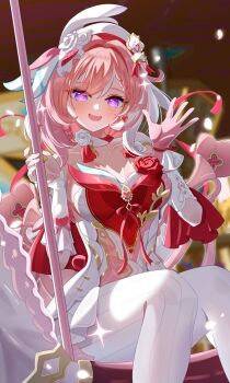 1girl beret breasts carousel commentary_request diamond-shaped_pupils diamond_(shape) dress earrings eight_(eight3rd1) elf elysia_(hi_love_elf)_(honkai_impact) elysia_(honkai_impact) gloves hat heart heart_earrings honkai_(series) honkai_impact_3rd jewelry large_breasts long_hair looking_at_viewer multicolored_hair open_mouth pink_hair pointy_ears purple_eyes red_dress sitting smile solo symbol-shaped_pupils thighhighs two-tone_dress two-tone_hair very_long_hair white_dress white_hair white_thighhighs