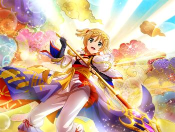 1girl black_gloves breasts cleavage cleavage_cutout clothing_cutout contrapposto cosplay daiba_nana egasumi elbow_gloves fingerless_gloves game_cg gloves green_eyes headpiece holding holding_staff izanagi_(mythology) izanagi_(mythology)_(cosplay) japanese_mythology light_rays looking_at_viewer medium_breasts official_art open_mouth orange_hair pants short_hair short_twintails shoujo_kageki_revue_starlight shoujo_kageki_revue_starlight_-re_live- solo staff twintails two-handed upper_body white_pants