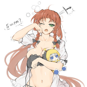 Rule 34 | 1girl, absurdres, bra, braid, breasts, doll, edz drawz, fumo (doll), green eyes, hat, highres, hong meiling, izayoi sakuya, long hair, major injury underreaction, mob cap, open clothes, open shirt, red hair, simple background, sleepy, stuffed toy, tagme, touhou, underboob, underwear, white background, yawning